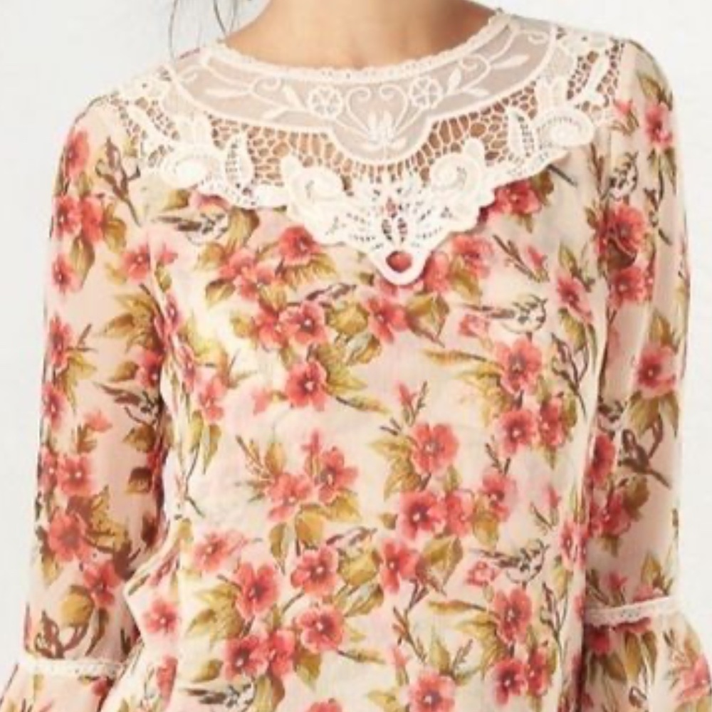 Disney Snow White LC Lauren Conrad Pink Floral Lace Peasant Blouse Boho NWT S XL - Picture 4 of 9
